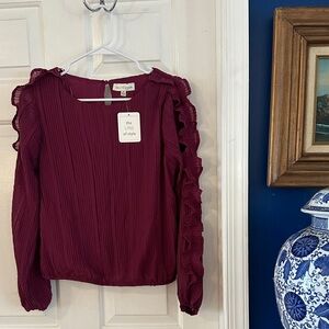 NWT Women’s The Line of Style Burgundy Long-Sleeve Ruffled Blouse Size M